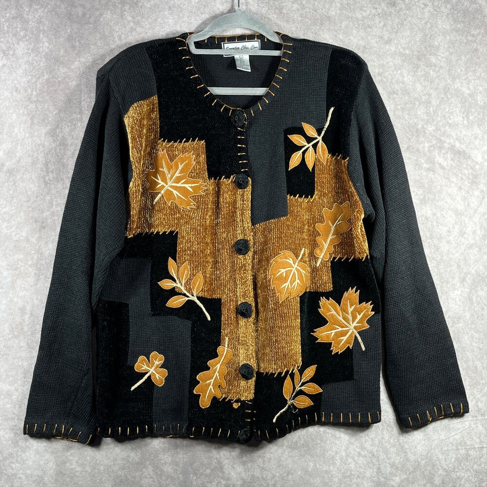 Sweater Chic Com Cardigan Sweater M Black Gold Knit Embroidered Art Old Money